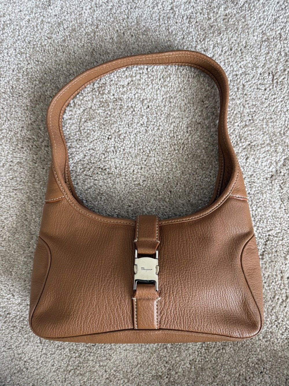 Salvatore Ferragamo Pebbled Leather Tan Shoulder Bag Silver Clasp
